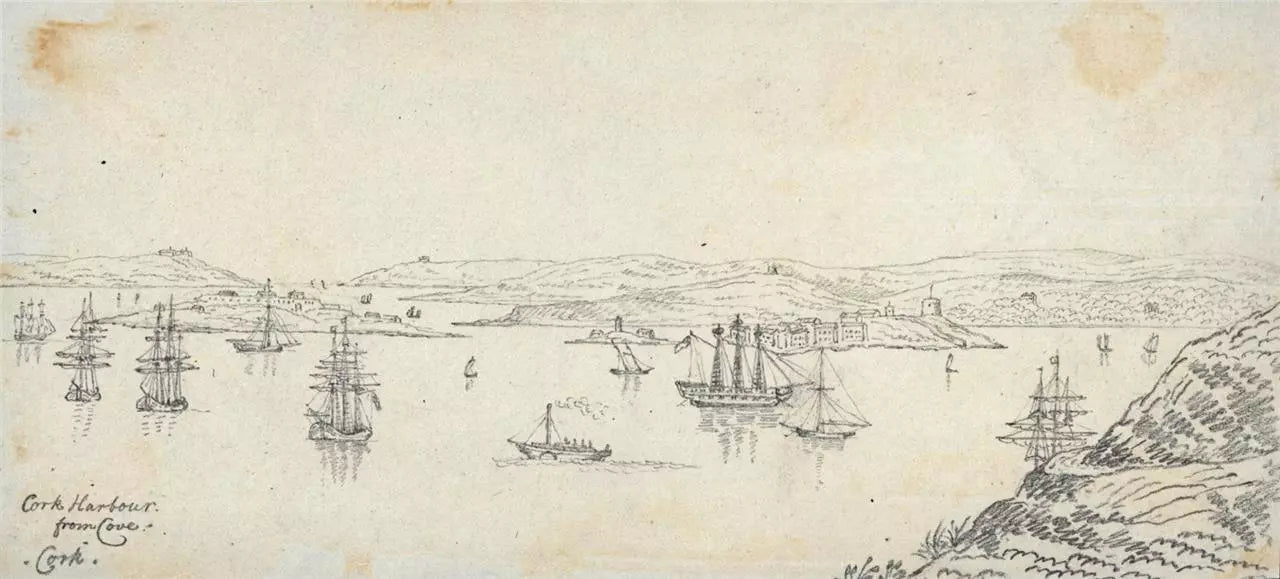 Cork Harbour Spike Island - Ireland c1823 - Pencil Drawing - Early 19th Century