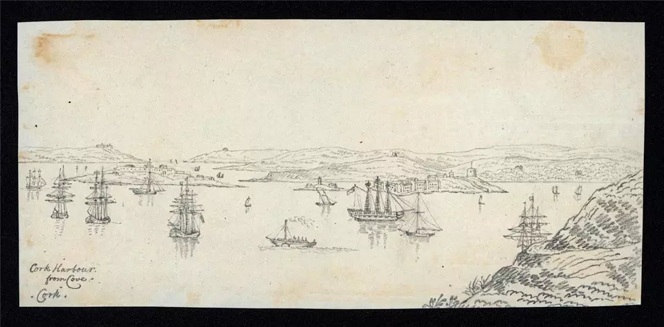 Cork Harbour Spike Island - Ireland c1823 - Pencil Drawing - Early 19th Century
