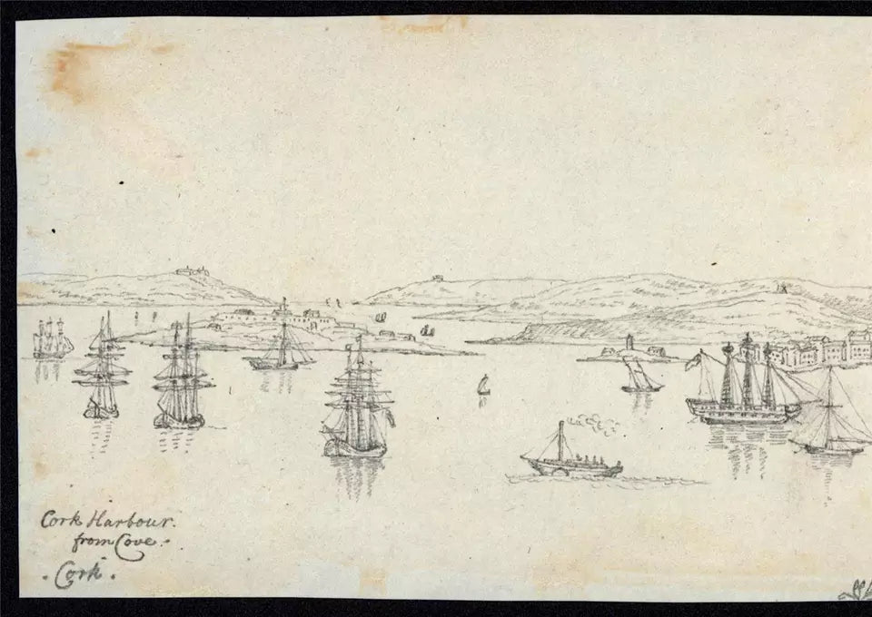 Cork Harbour Spike Island - Ireland c1823 - Pencil Drawing - Early 19th Century