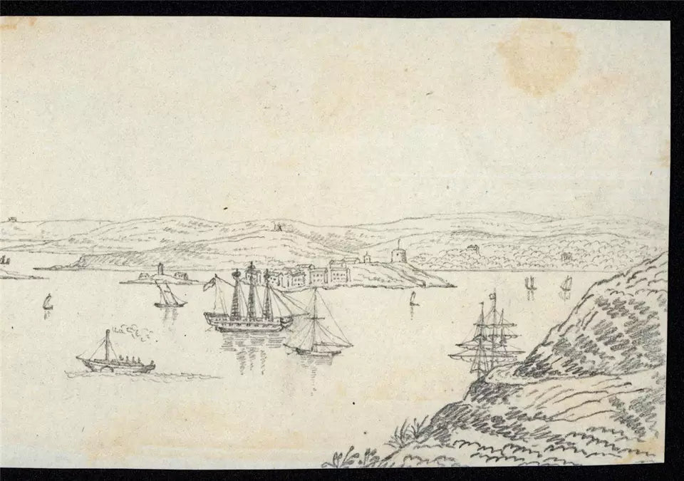 Cork Harbour Spike Island - Ireland c1823 - Pencil Drawing - Early 19th Century