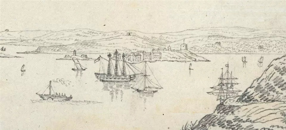 Cork Harbour Spike Island - Ireland c1823 - Pencil Drawing - Early 19th Century