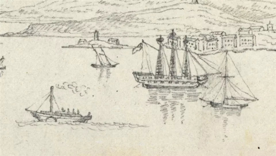 Cork Harbour Spike Island - Ireland c1823 - Pencil Drawing - Early 19th Century