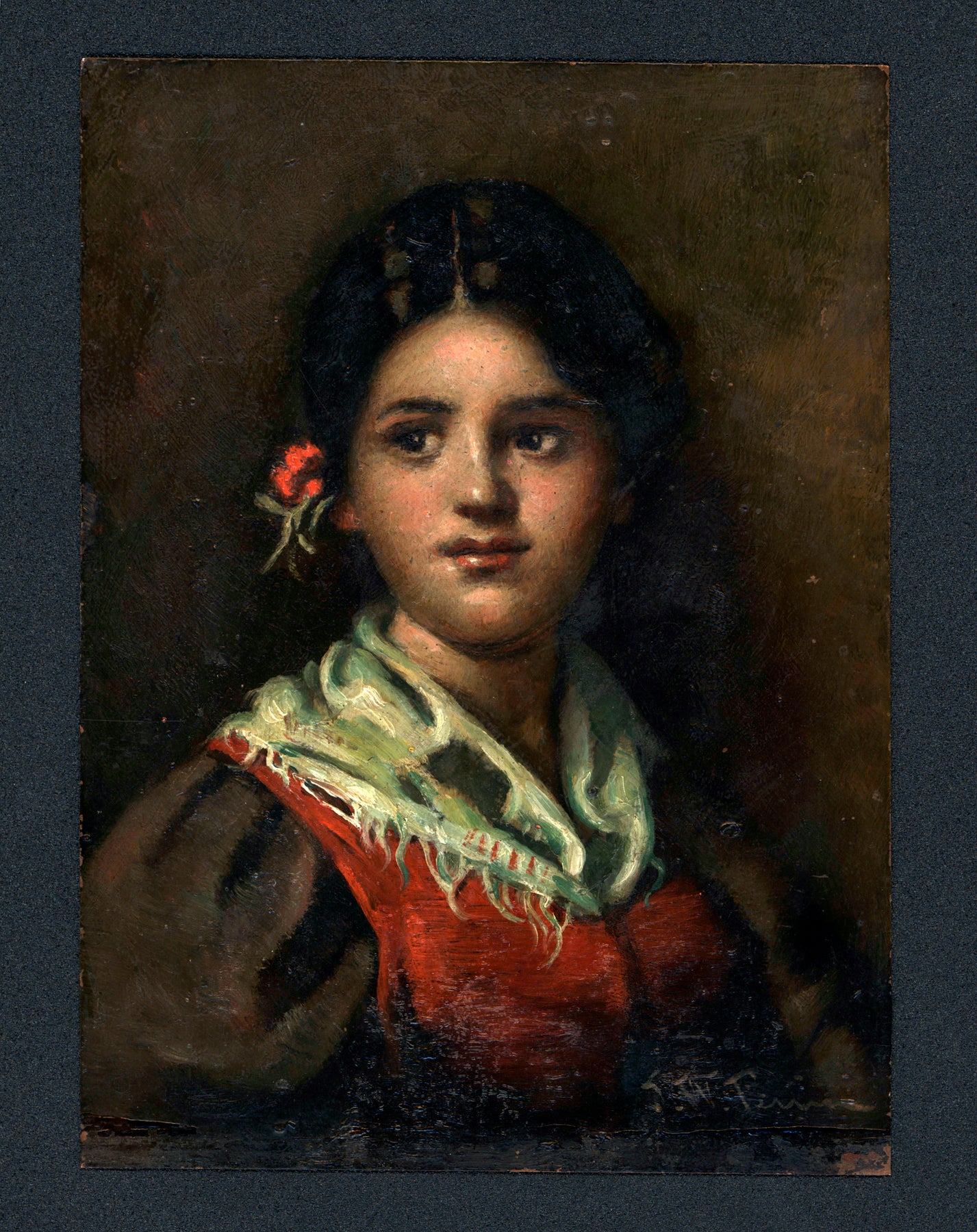 John W Perrin - Small Oil Painting On Copper - Portrait Of A Young Lady
