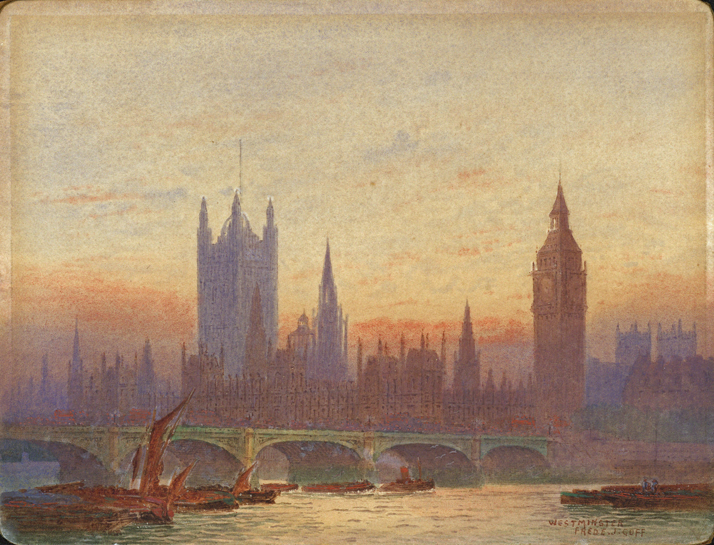 Frederick Edward Joseph Goff (1855-1931) Watercolour Painting - Westminster, London - River Thames