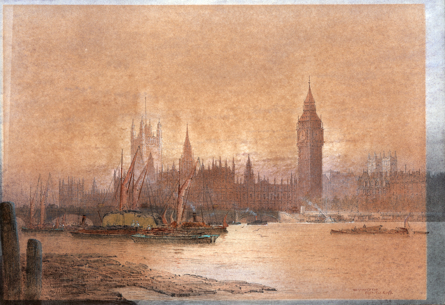 Frederick Edward Joseph Goff (1855-1931) Watercolour Painting - Westminster London - River Thames