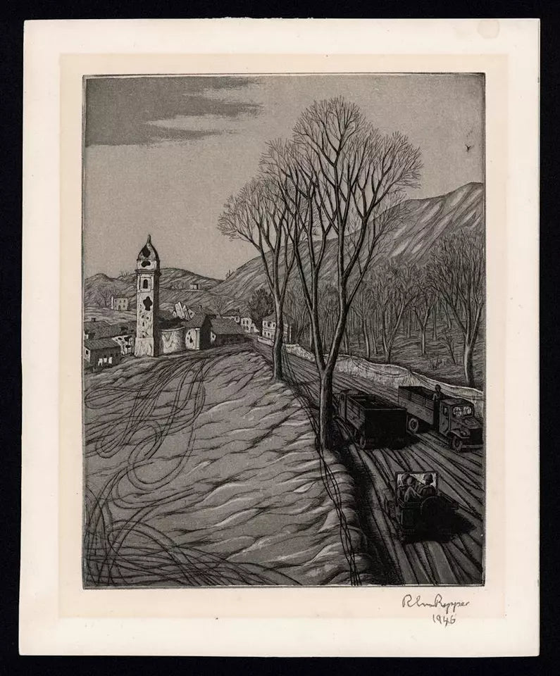 Rudolph Carl Von Ripper (1905-1960) Pencil Signed Etching World War 2 Scene 1946 - WW2