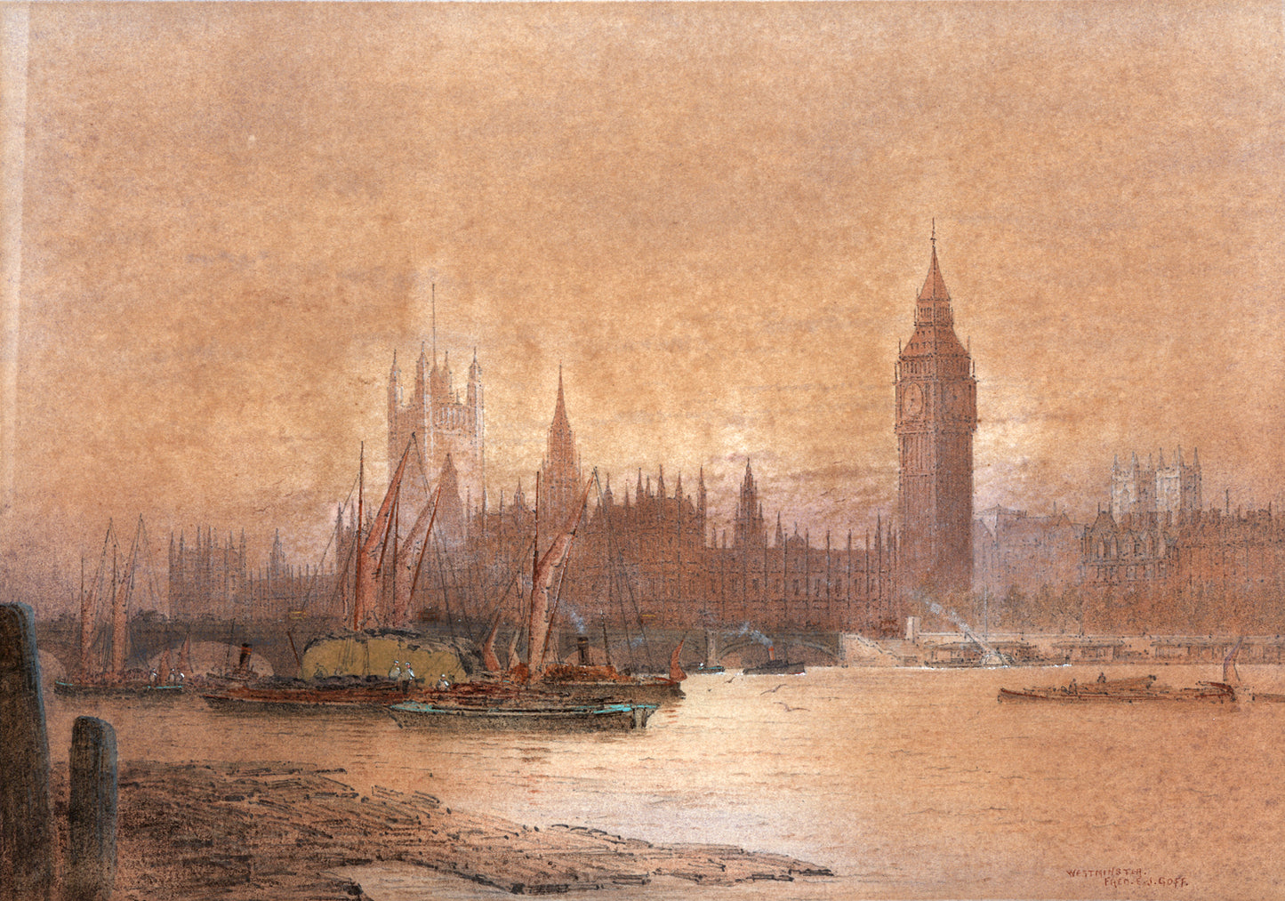 Frederick Edward Joseph Goff (1855-1931) Watercolour Painting - Westminster London - River Thames