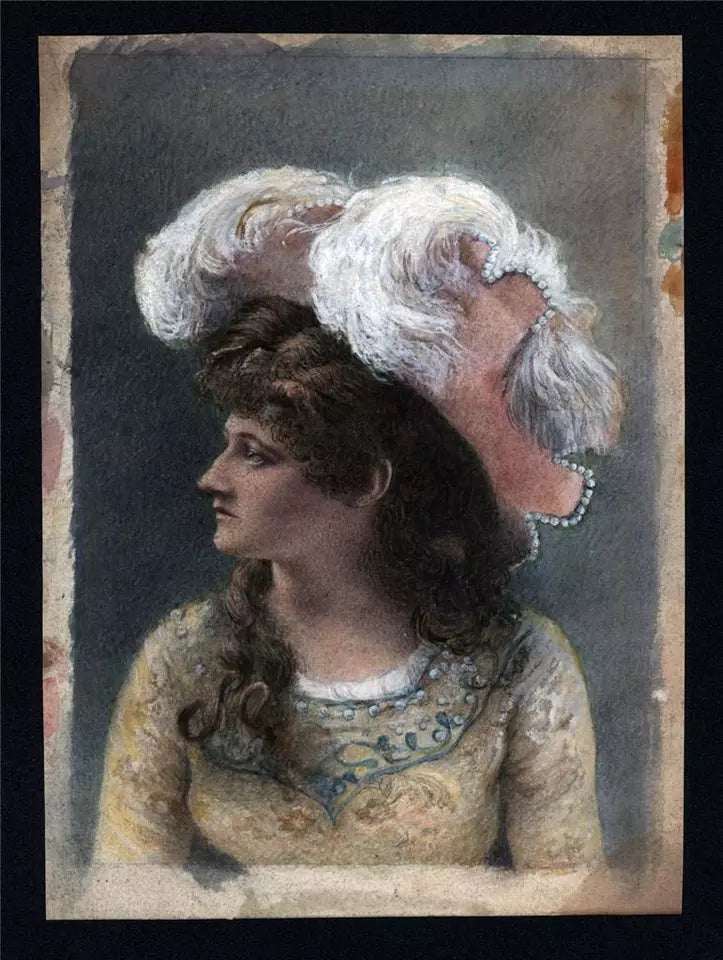 Portrait Of A Lady Wearing A Hat - Small Watercolour Painting - 19th Century