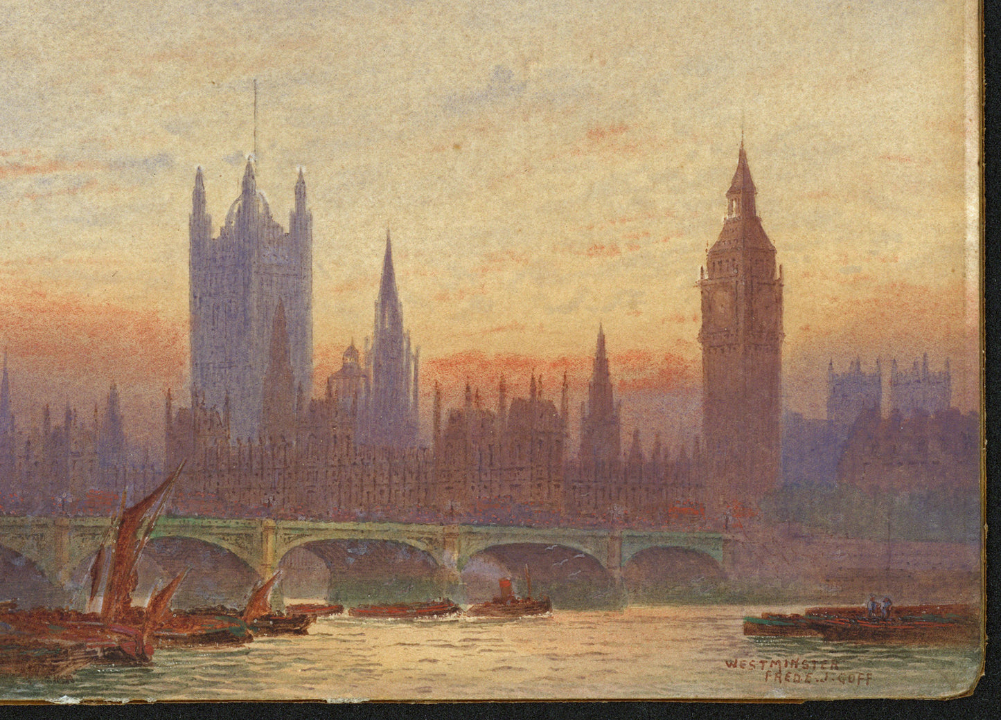 Frederick Edward Joseph Goff (1855-1931) Watercolour Painting - Westminster, London - River Thames