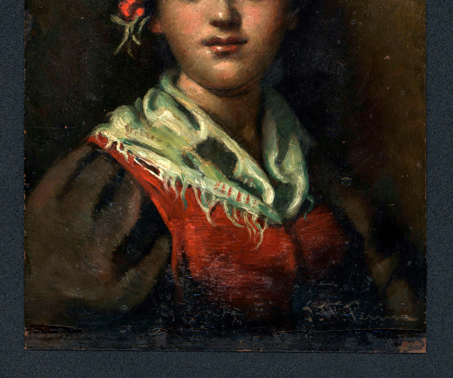 John W Perrin - Small Oil Painting On Copper - Portrait Of A Young Lady