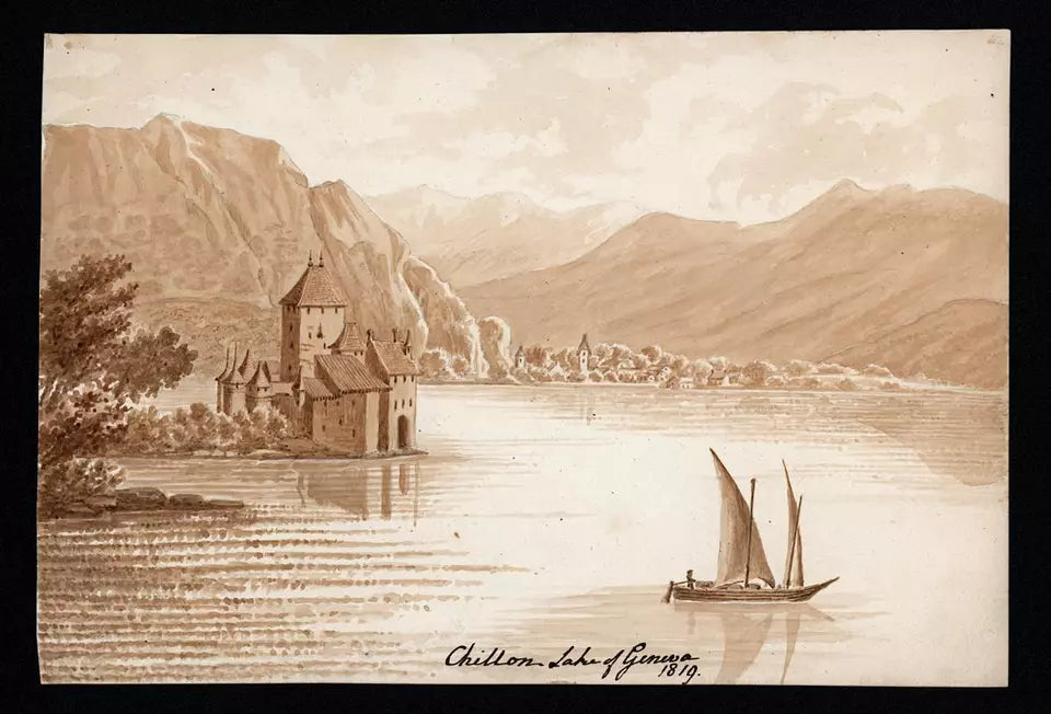 Elizabeth Campbell (1783-1861) Watercolour Painting - Chillon, Lake of Geneva Switzerland 1819