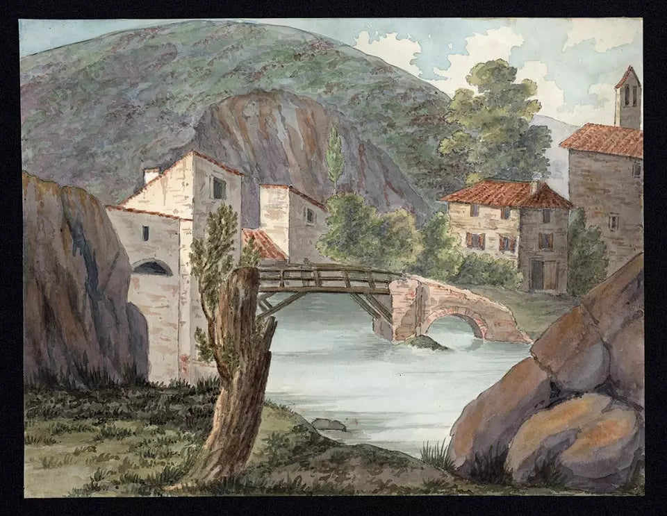 Elizabeth Campbell (1783-1861) Watercolour Painting - Mill at the rise of Sorgue, Vaucluse France 1818