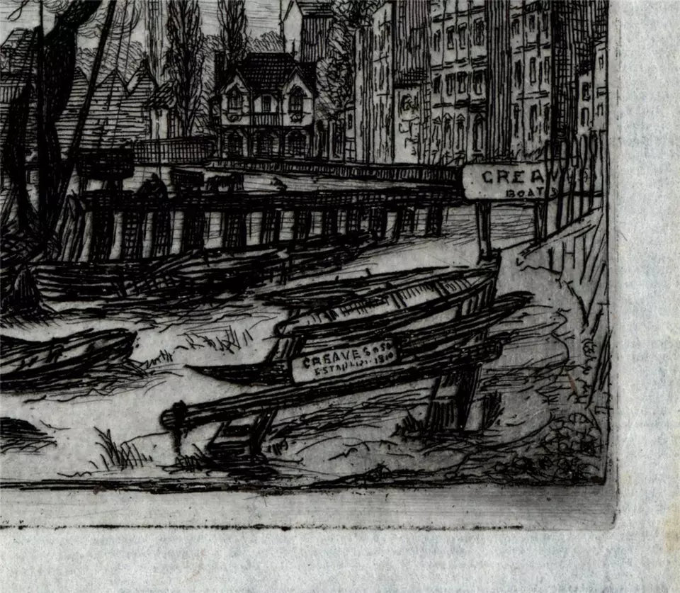 Charles William Sherborn (1831-1912) Antique Etching - Chelsea Reach London - River Thames