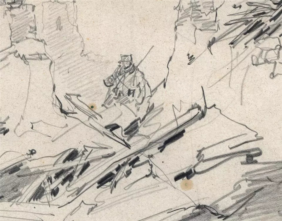 Charles Huard (1874-1965) Antique Pencil Drawing - Crouy France 1915 - WW1
