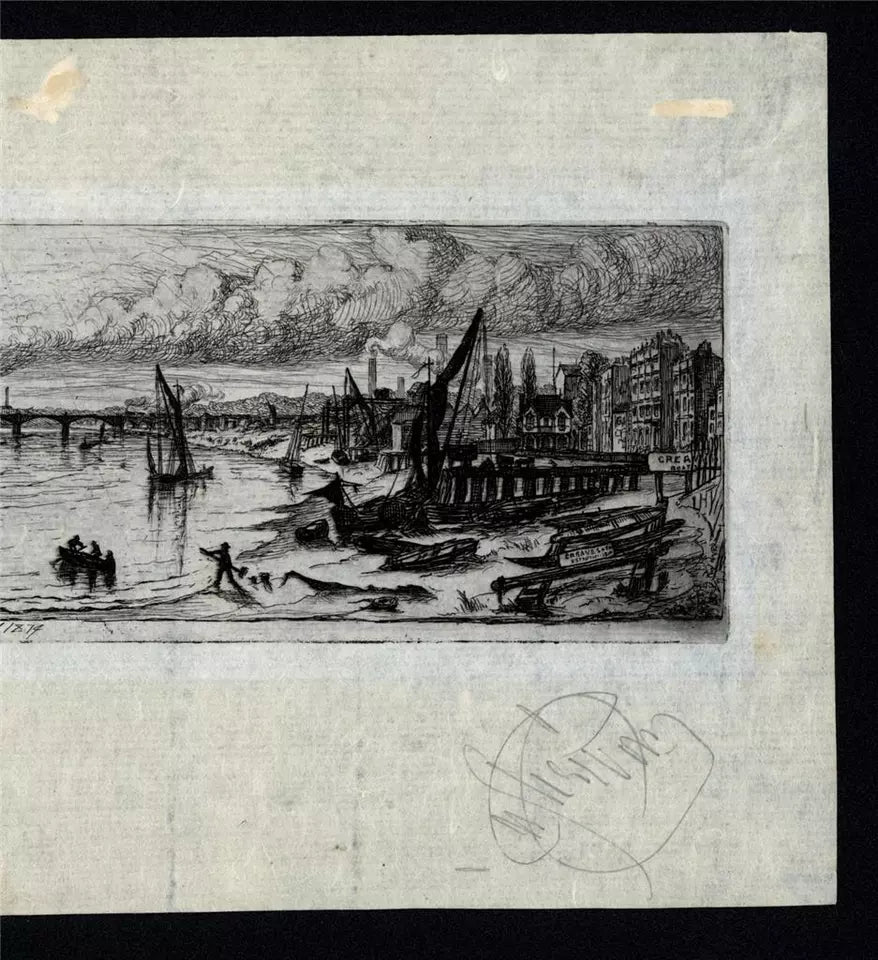 Charles William Sherborn (1831-1912) Antique Etching - Chelsea Reach London - River Thames