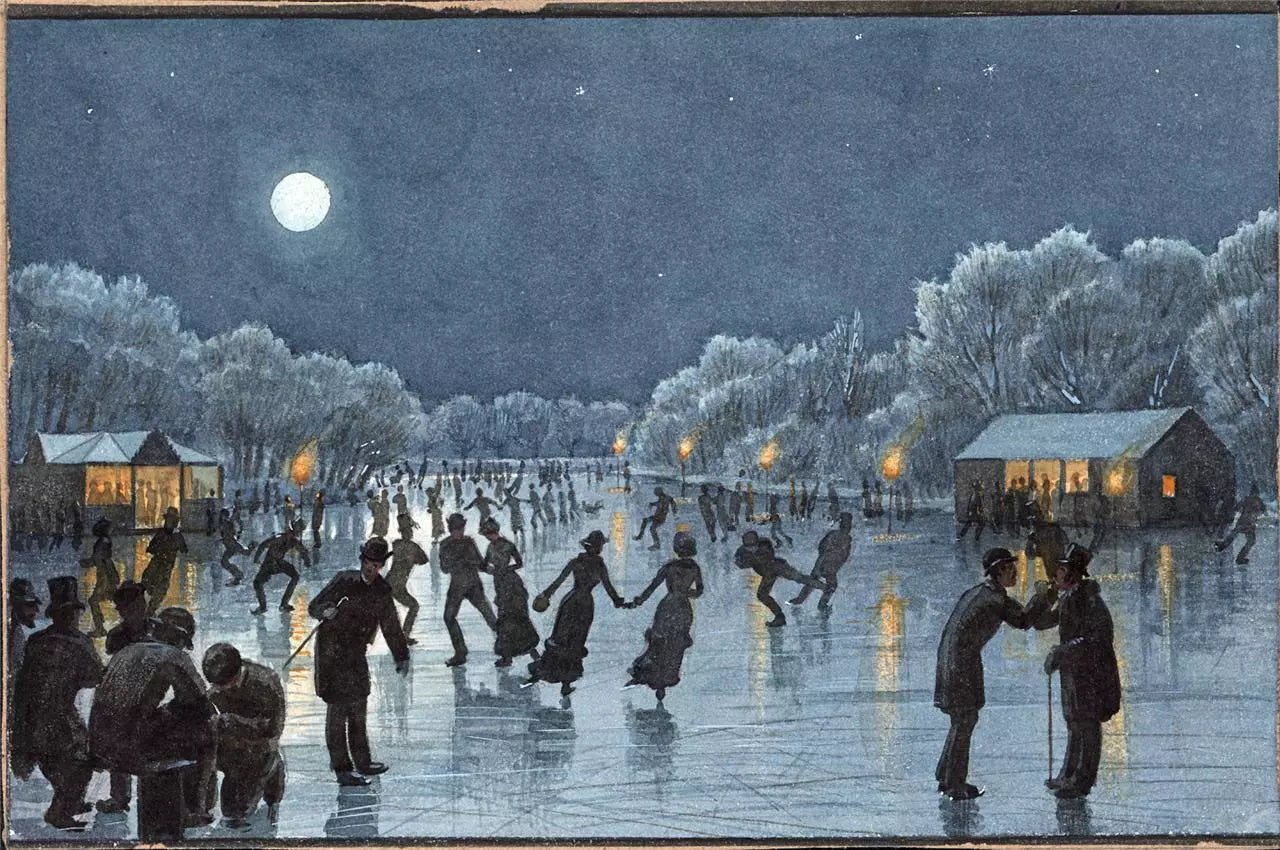 Danish Ice Skating Scene - Denmark - Antique Watercolour Painting - 19th Century