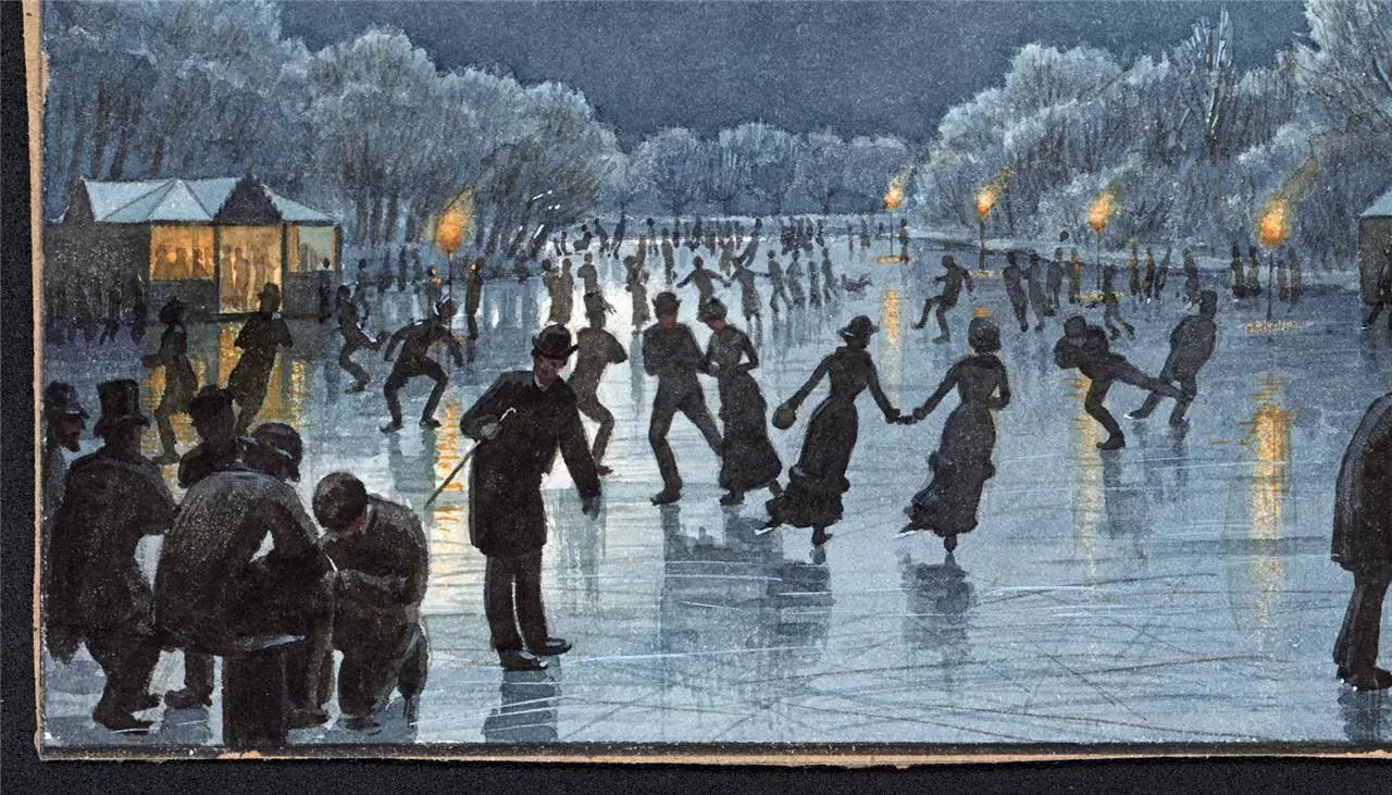 Danish Ice Skating Scene - Denmark - Antique Watercolour Painting - 19th Century