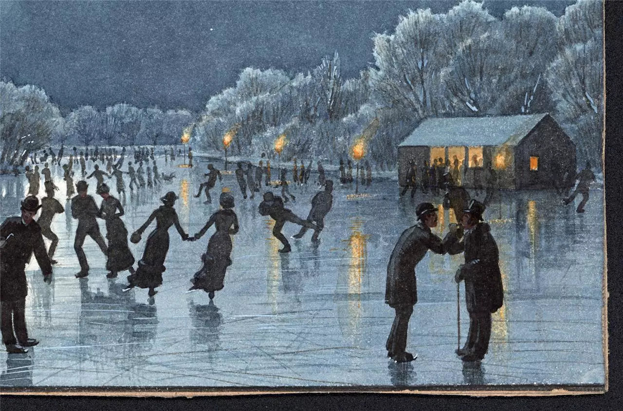 Danish Ice Skating Scene - Denmark - Antique Watercolour Painting - 19th Century
