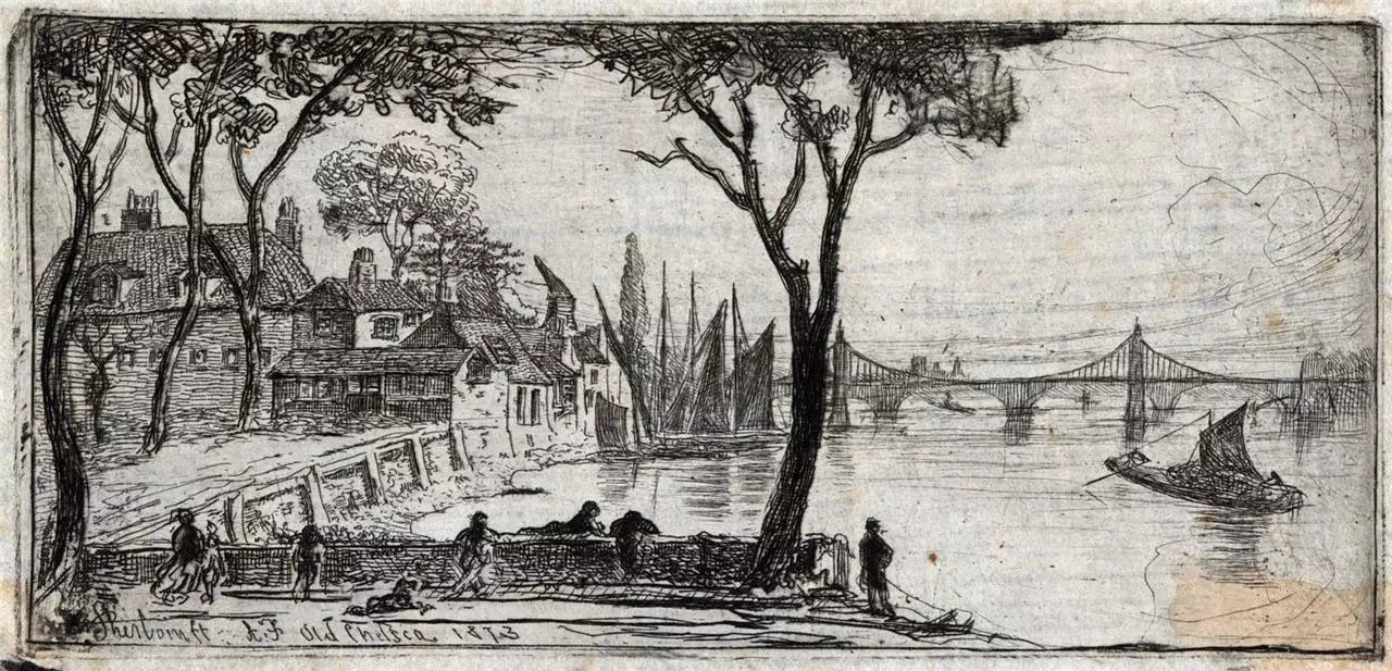 Charles William Sherborn (1831-1912) Antique Etching - Old Chelsea London - River Thames