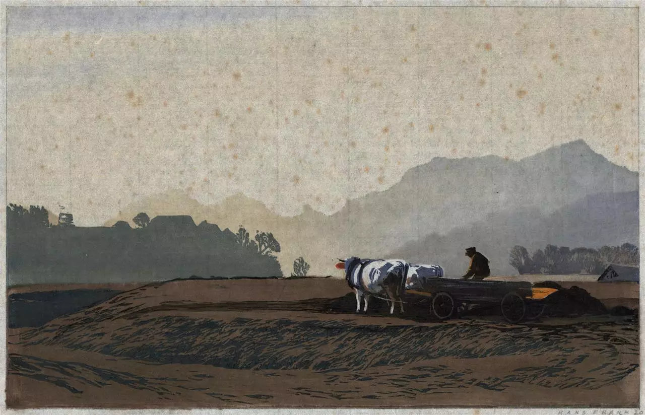 Hans Frank (1884-1948) Pencil Signed Woodcut - Ox And Cart In Landscape - 1920