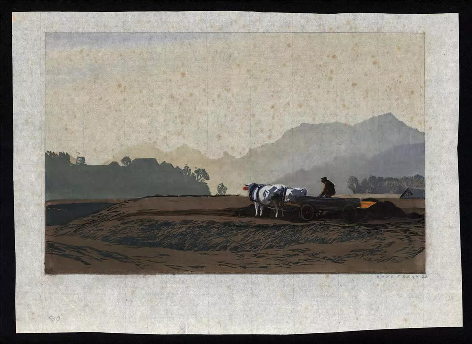 Hans Frank (1884-1948) Pencil Signed Woodcut - Ox And Cart In Landscape - 1920