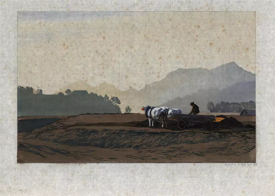 Hans Frank (1884-1948) Pencil Signed Woodcut - Ox And Cart In Landscape - 1920