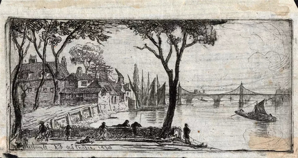 Charles William Sherborn (1831-1912) Antique Etching - Old Chelsea London - River Thames