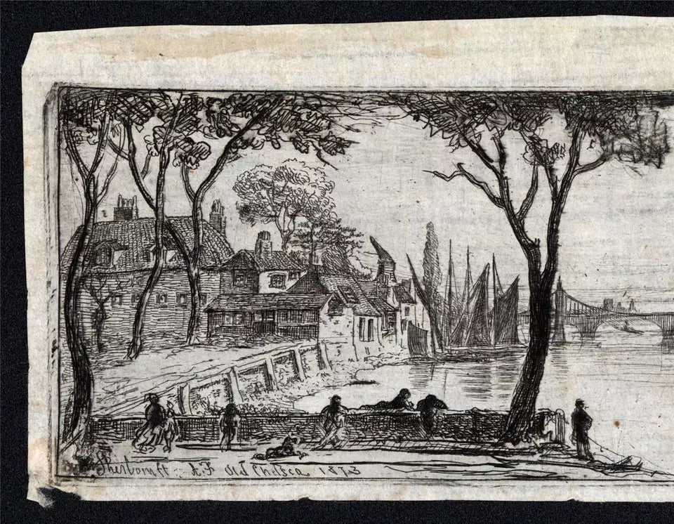 Charles William Sherborn (1831-1912) Antique Etching - Old Chelsea London - River Thames