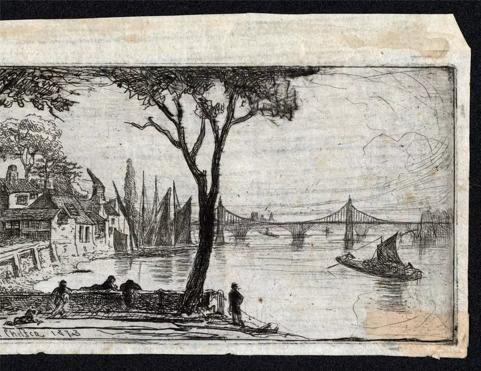 Charles William Sherborn (1831-1912) Antique Etching - Old Chelsea London - River Thames