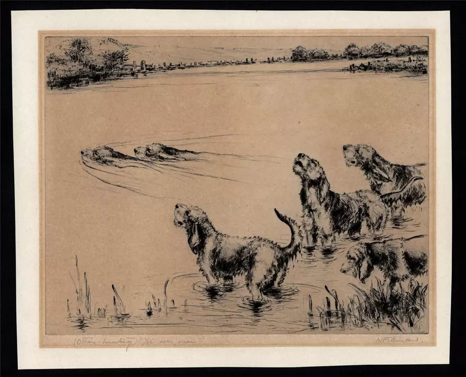 Kathleen Frances Barker (1901-1963) - Signed Etching - Otterhounds Hunting
