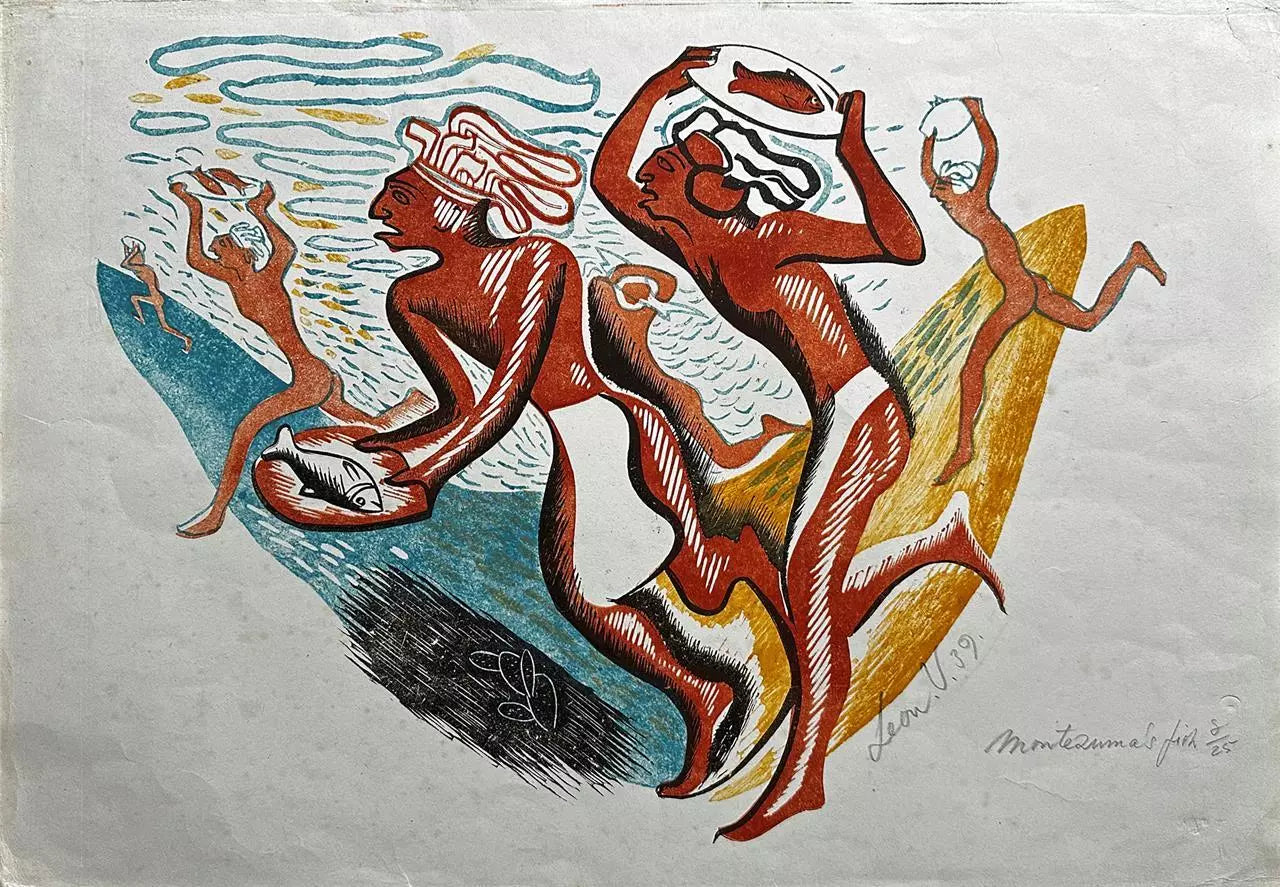 Leon Underwood (1890-1975) Pencil Signed Coloured Linocut Montezuma's Fish 1939