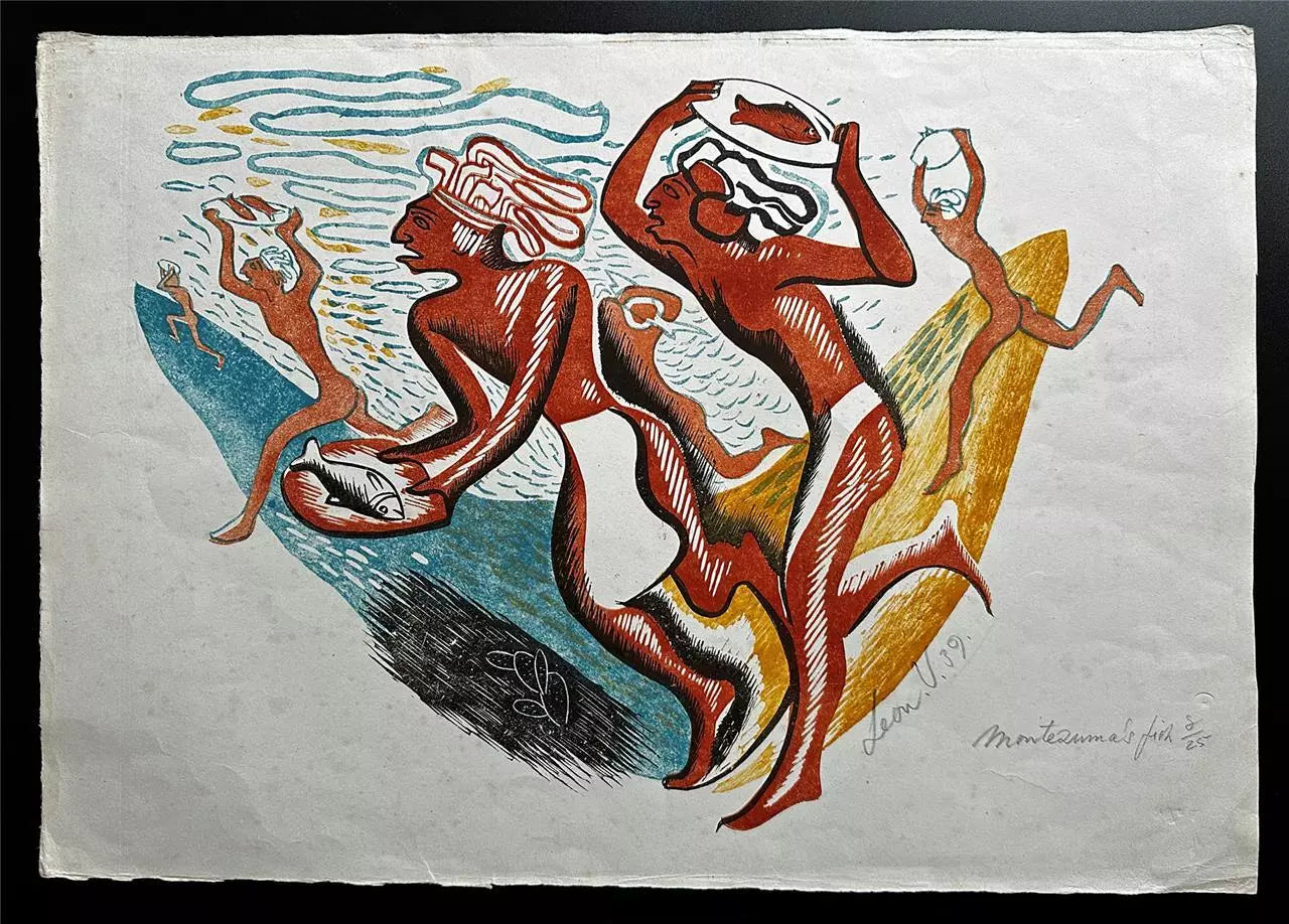 Leon Underwood (1890-1975) Pencil Signed Coloured Linocut Montezuma's Fish 1939