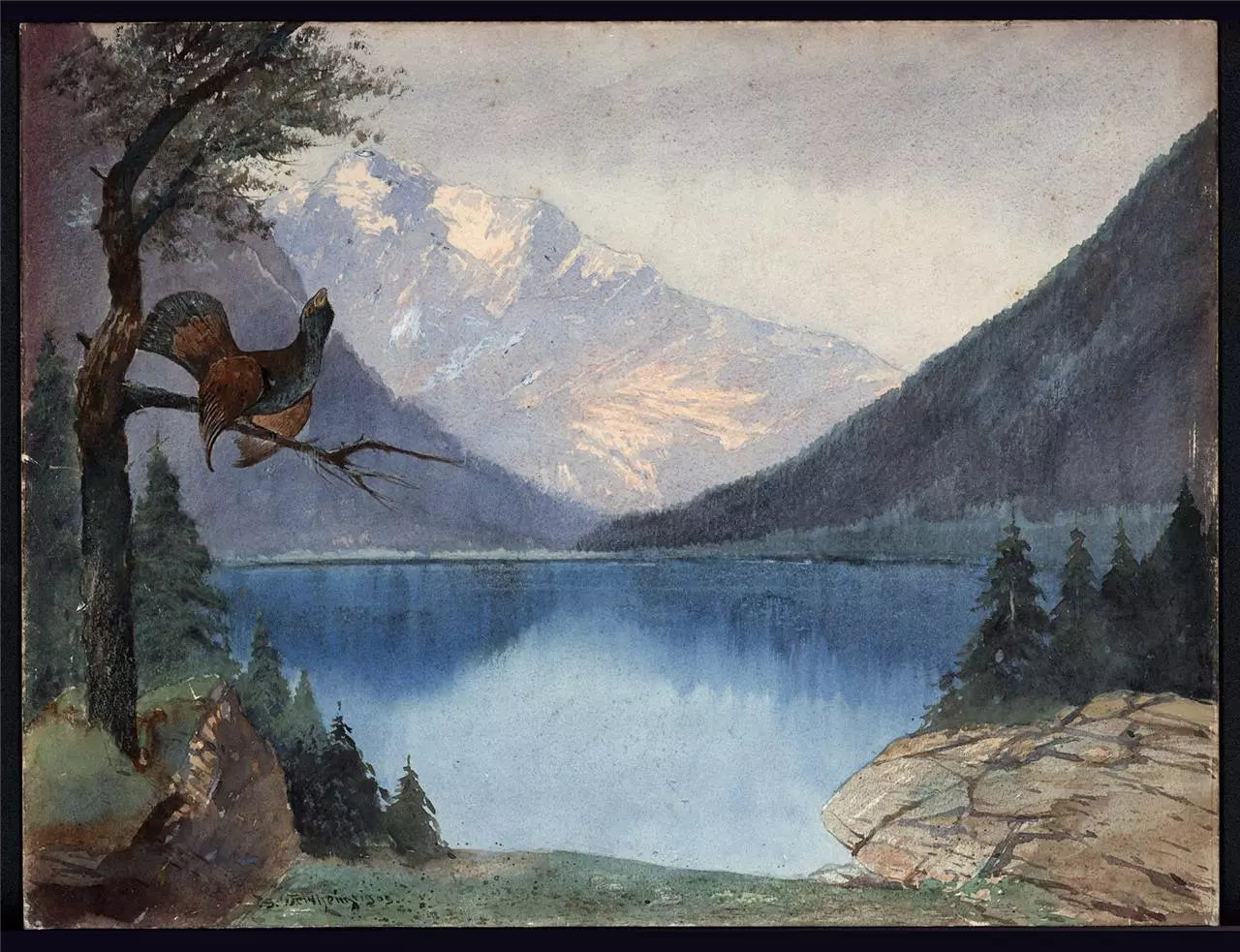 Heinrich Josef Wertheim Watercolour Painting - Grouse In Landscape Germany 1909