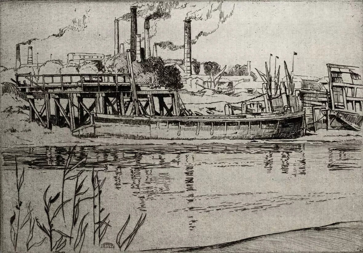 Leslie Moffat Ward (1888-1978) - Pencil Signed Etching - A Medway Cement Wharf