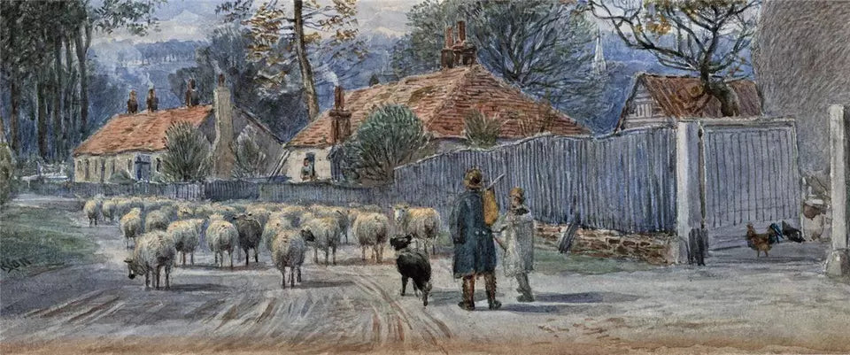 John MacPherson (fl.1858-1891) Watercolour Painting - Sheep In Village Landscape