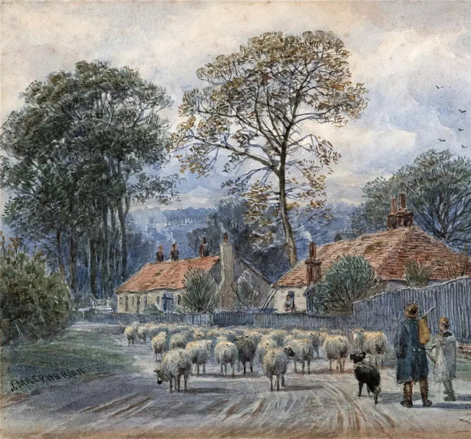 John MacPherson (fl.1858-1891) Watercolour Painting - Sheep In Village Landscape