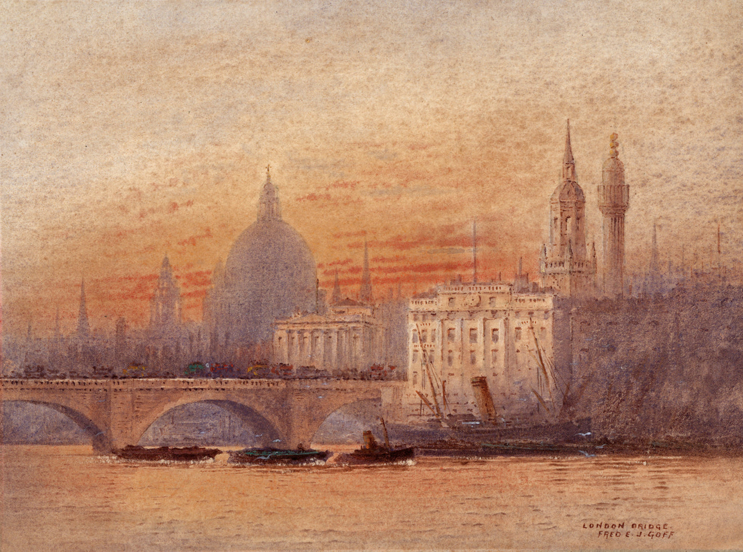 Frederick Edward Joseph Goff (1855-1931) Watercolour Painting - London Bridge - River Thames