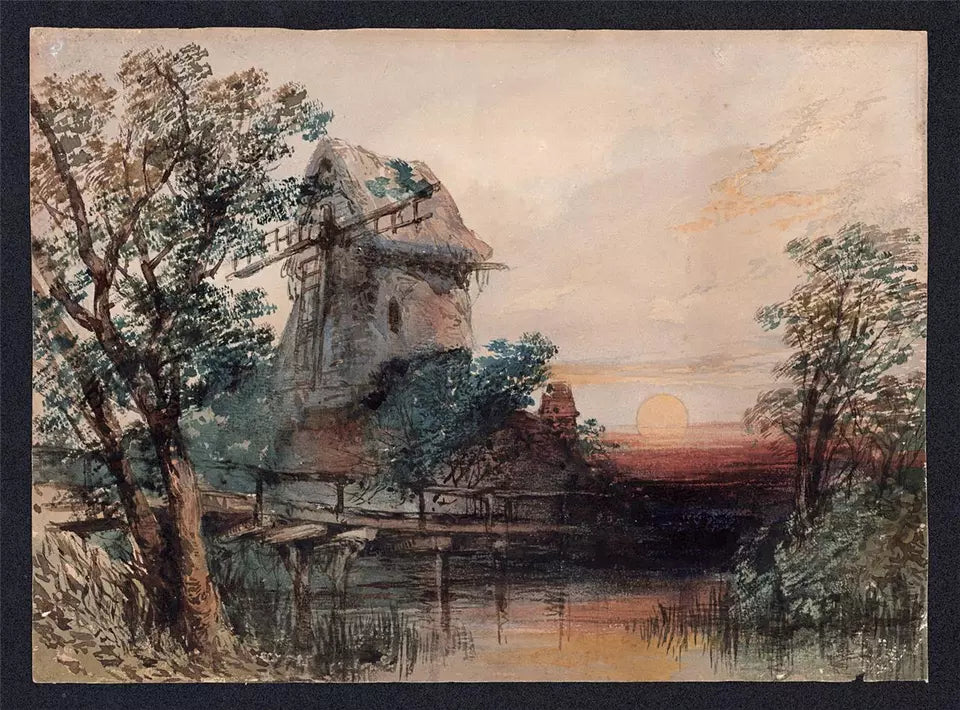Windmill & River In Sunset Landscape - Antique Watercolour Painting - 19th Century