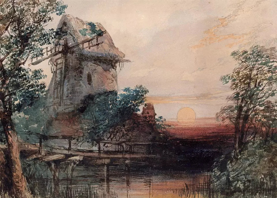 Windmill & River In Sunset Landscape - Antique Watercolour Painting - 19th Century