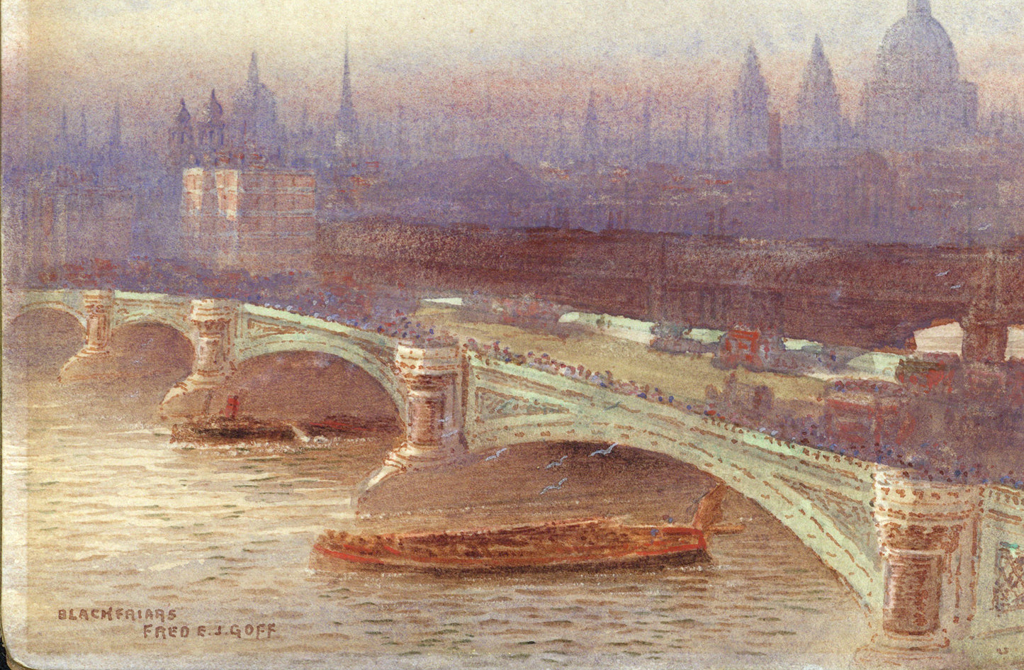 Frederick Edward Joseph Goff (1855-1931) Watercolour Painting - Blackfriars, London - River Thames