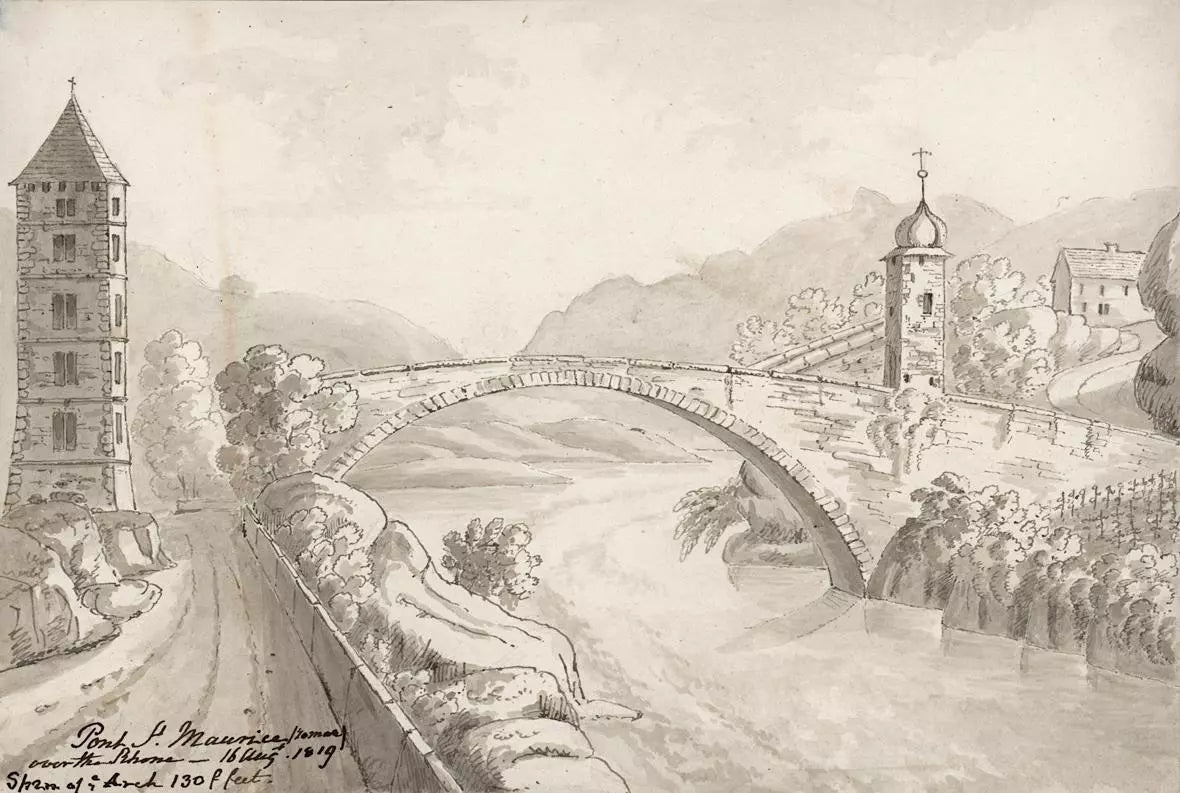 Elizabeth Campbell (1783-1861) Watercolour Painting - Ponte St. Maurice over the Rhone, Switzerland 1819