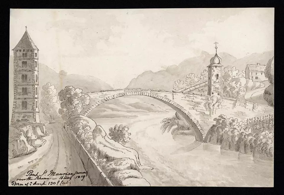 Elizabeth Campbell (1783-1861) Watercolour Painting - Ponte St. Maurice over the Rhone, Switzerland 1819