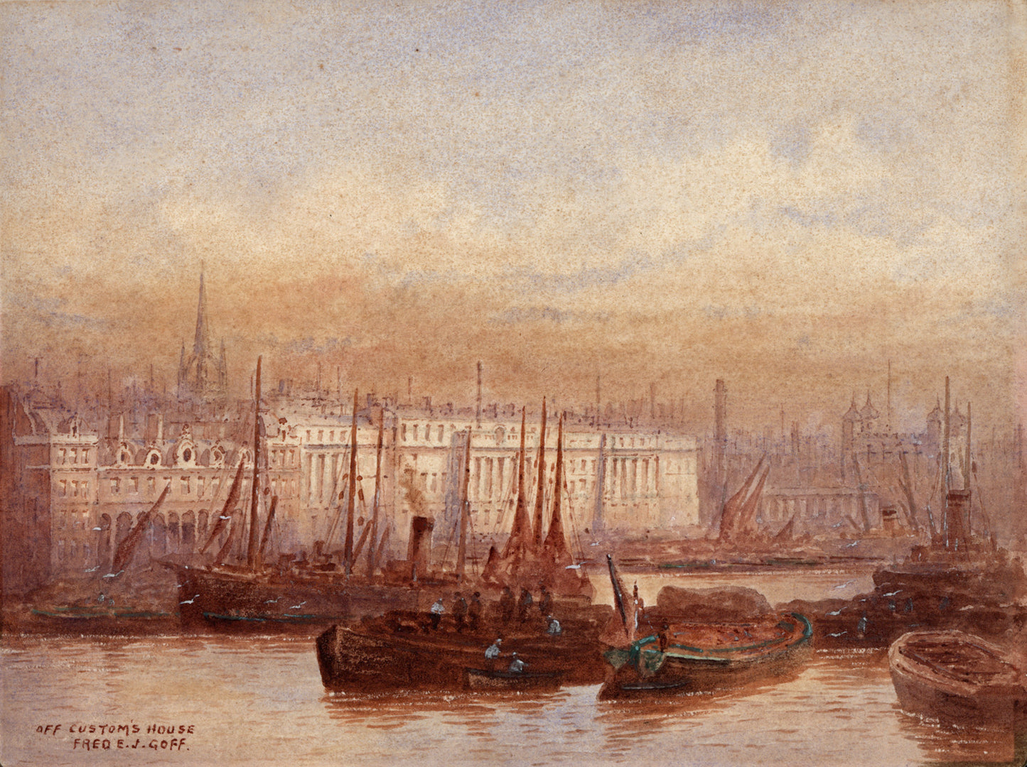 Frederick Edward Joseph Goff (1855-1931) Watercolour Painting - Off Custom House London - River Thames