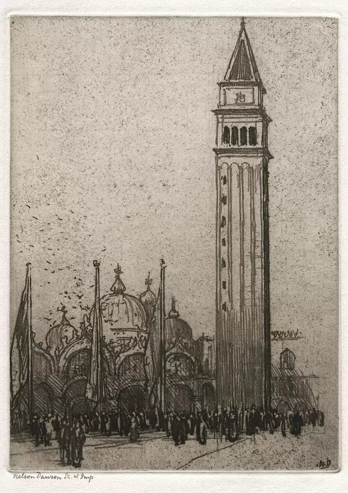 Nelson Ethelred Dawson (1859-1941) Pencil Signed Etching - St. Marks Campanile, Venice, Italy