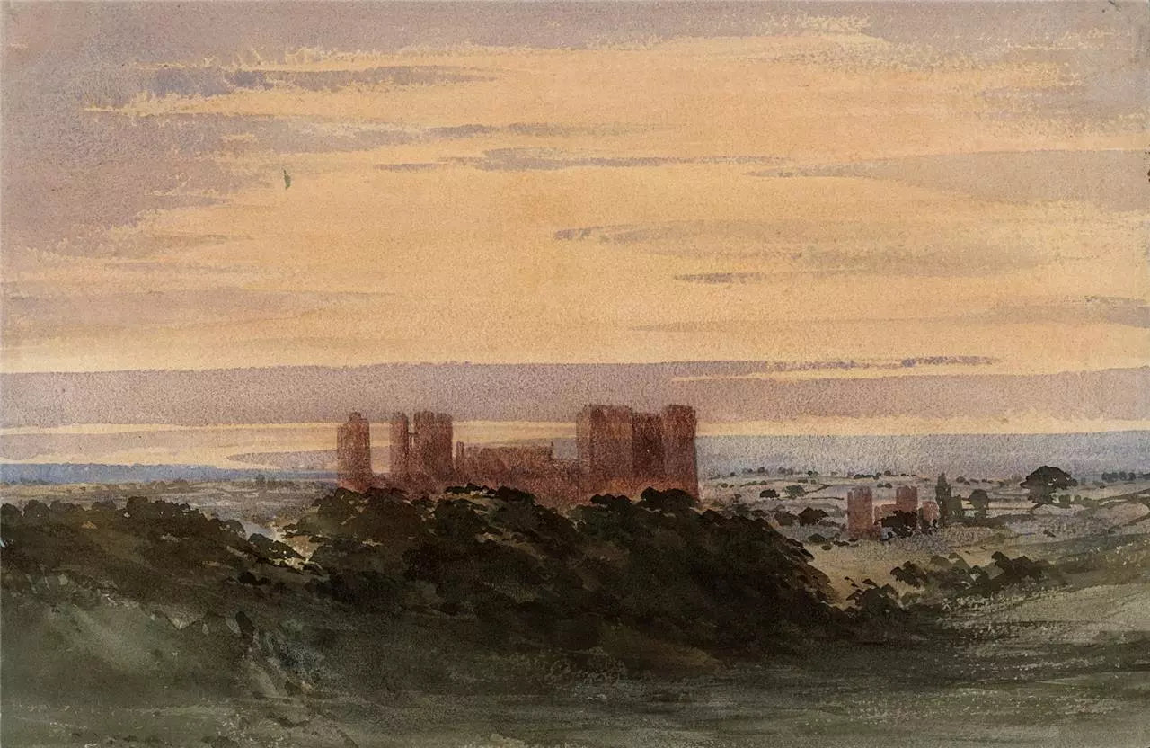 Castle In Landscape - Antique Watercolour Painting - 19th Century