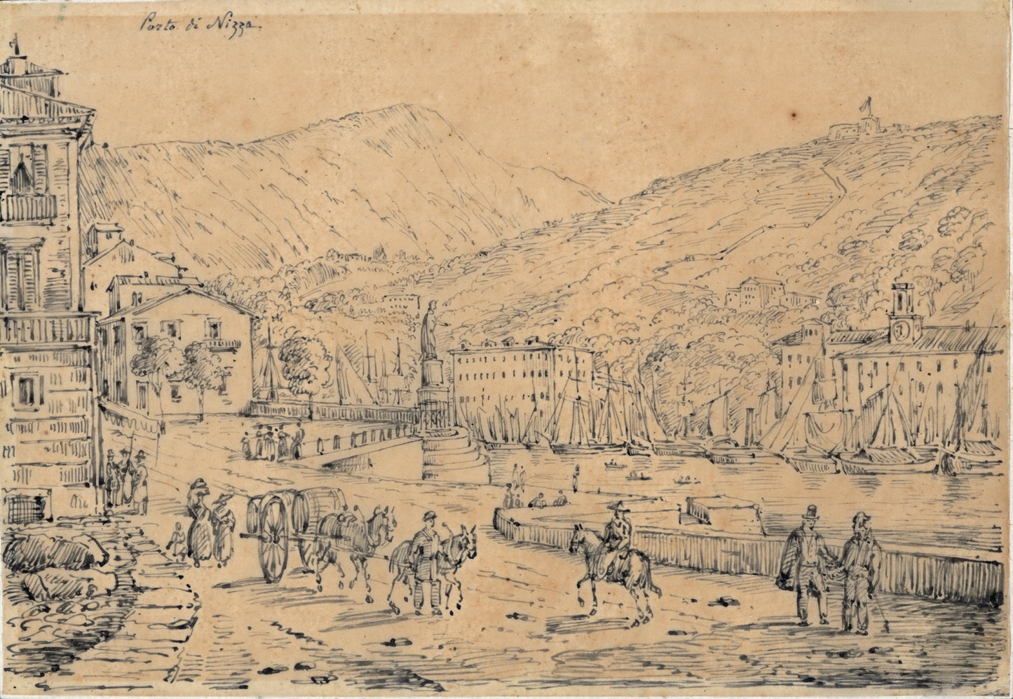 Antonio Senape (1788-1850) Pen & Ink Drawing - Porto di Nizza - Nice France