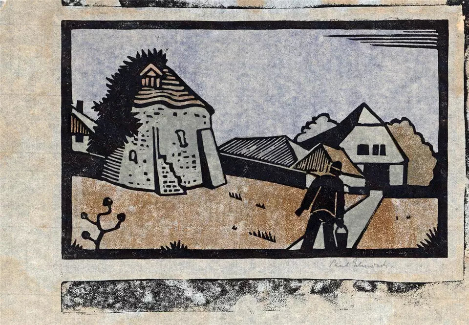 Paul Edmonds (1873-1939) Pencil Signed Linocut - Figure In Landscape