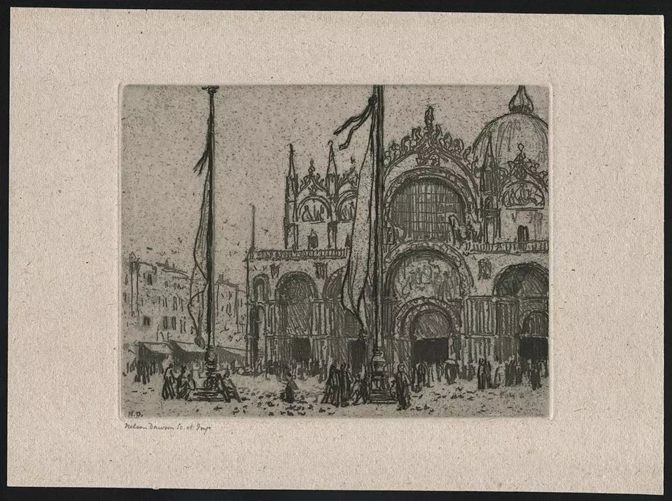 Nelson Ethelred Dawson (1859-1941) Pencil Signed Etching - Saint Mark's Basilica, Venice, Italy