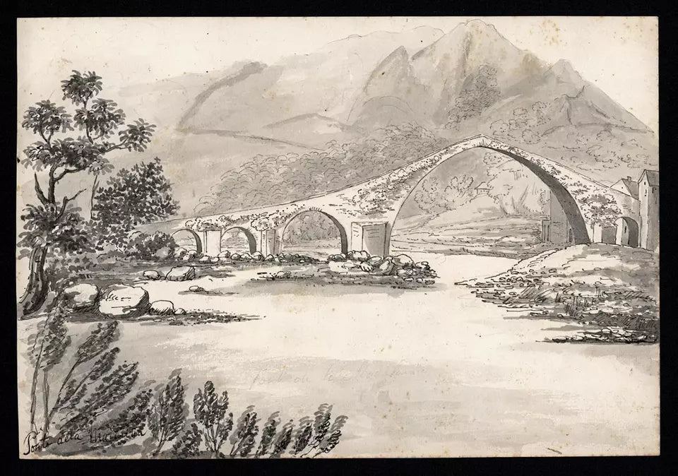 Elizabeth Campbell (1783-1861) Watercolour Painting - Ponte Della Maddalena Serchio Borgo A Mozzano - Italy
