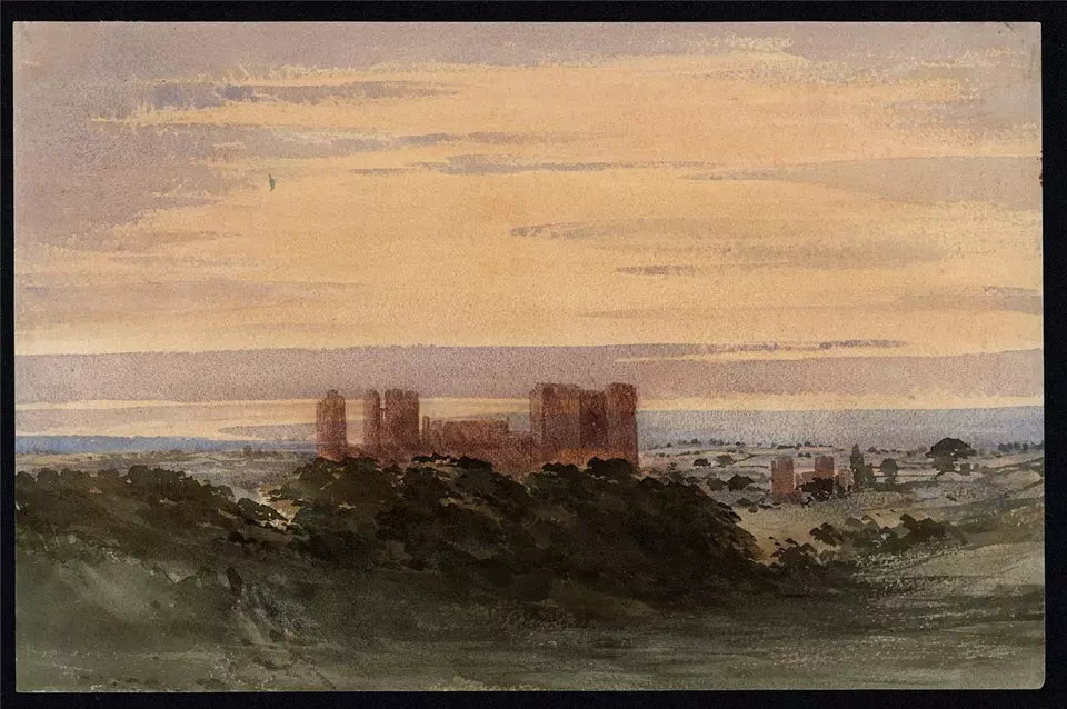 Castle In Landscape - Antique Watercolour Painting - 19th Century